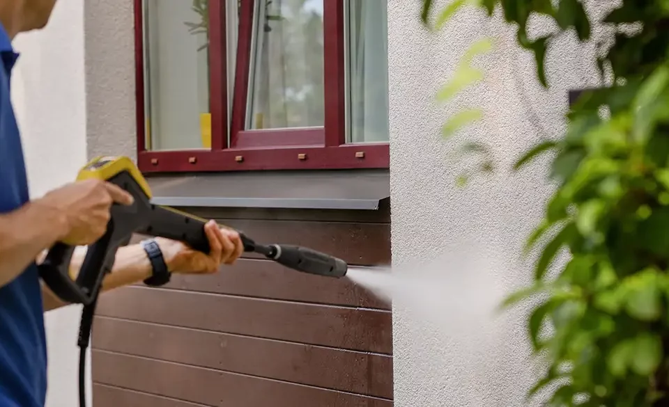 Fassade wird mit einem Hochdruckreiniger gereinigt