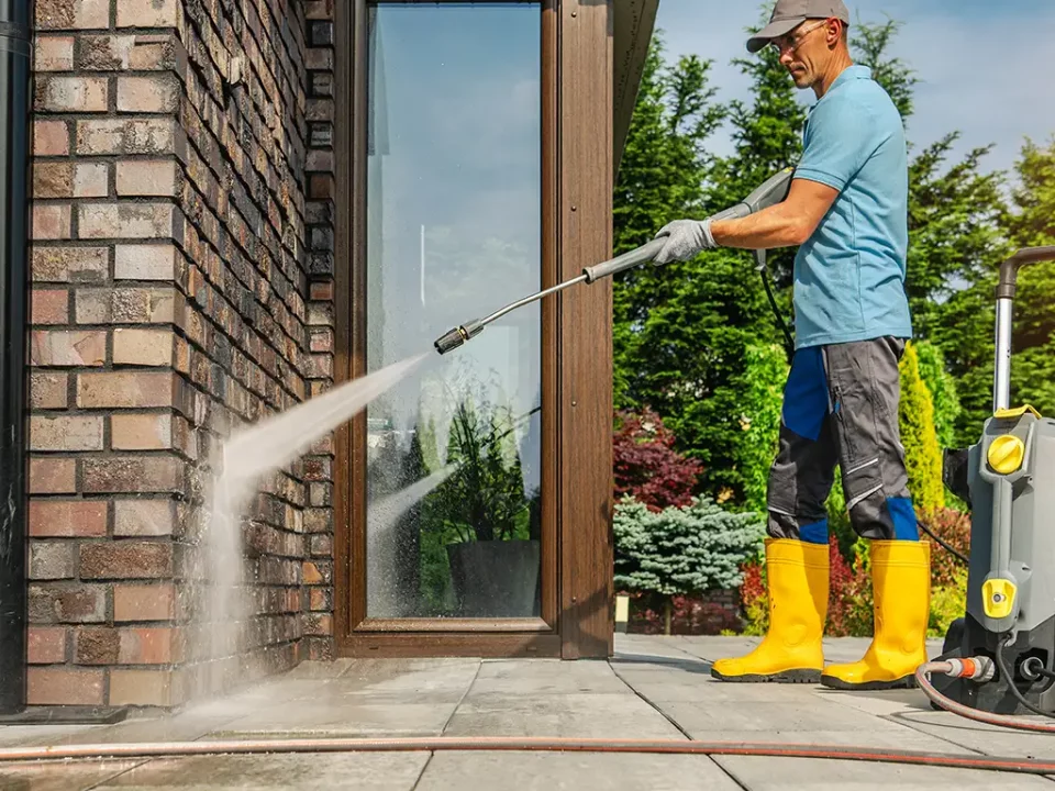 Fassade wird mit einem Hochdruckreiniger gereinigt