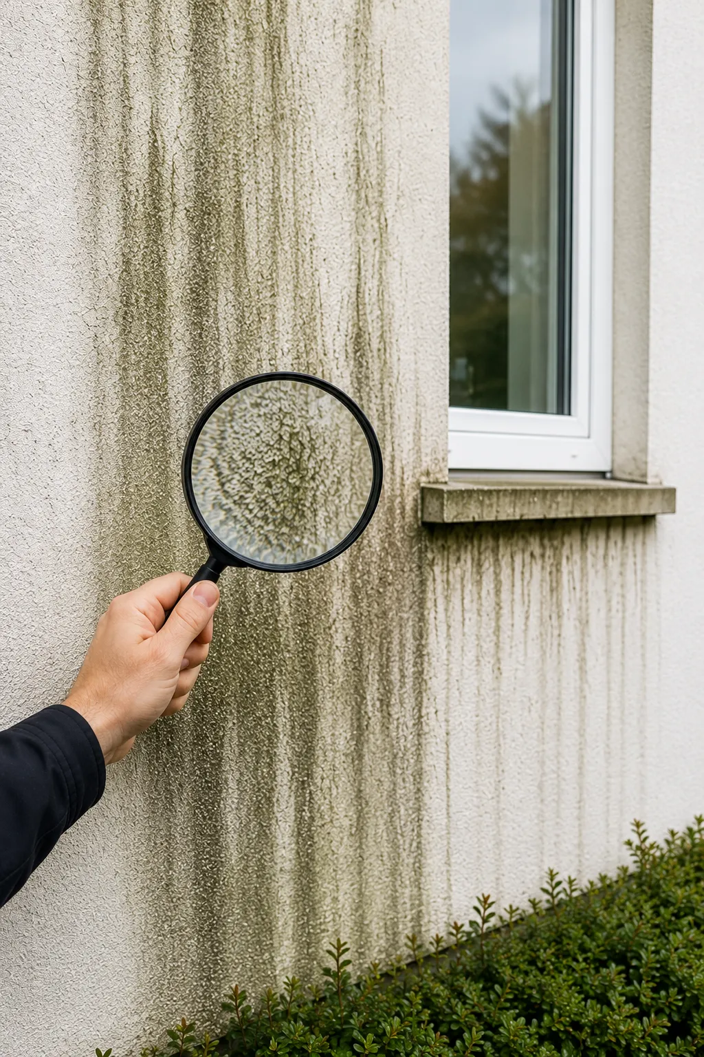 Lupe vor verschmutzter Hausfassade mit Algen- und Schmutzablagerungen