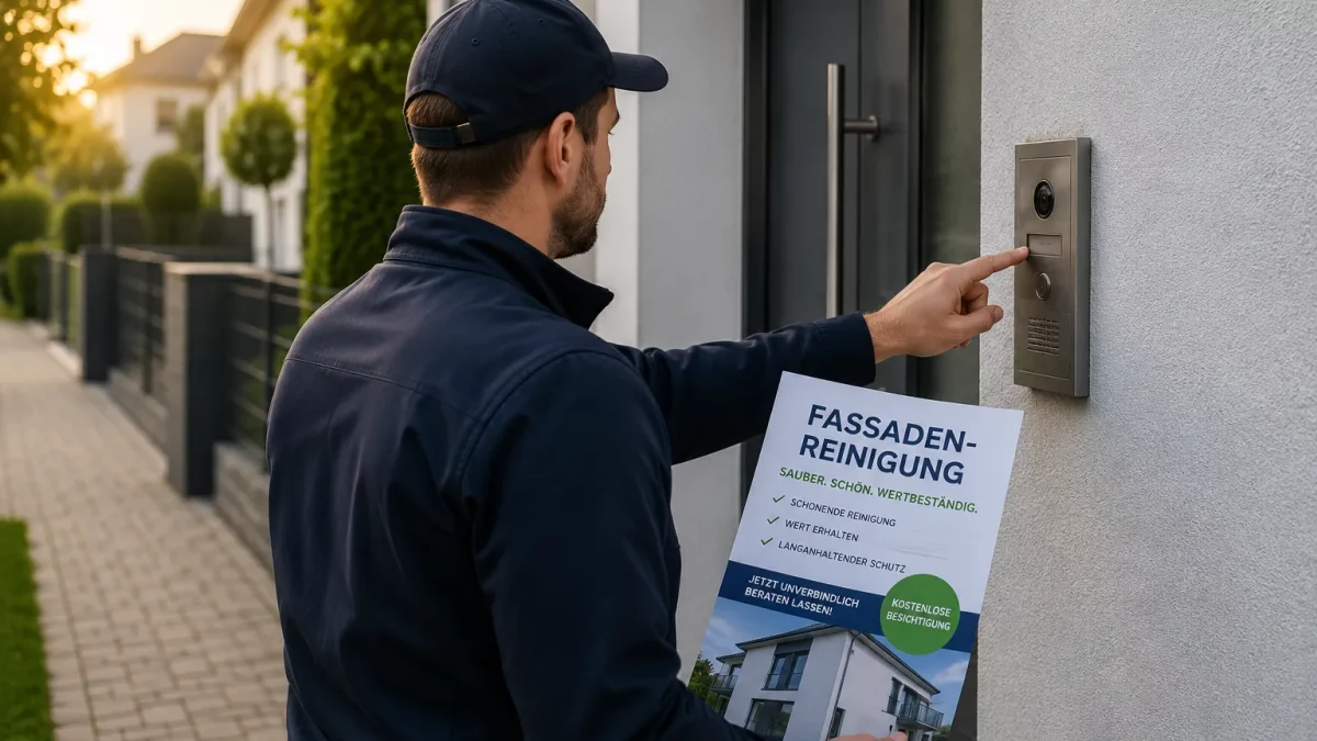 Mann mit Werbeflyer für Fassadenreinigung klingelt an einer Haustür