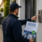 Mann mit Werbeflyer für Fassadenreinigung klingelt an einer Haustür