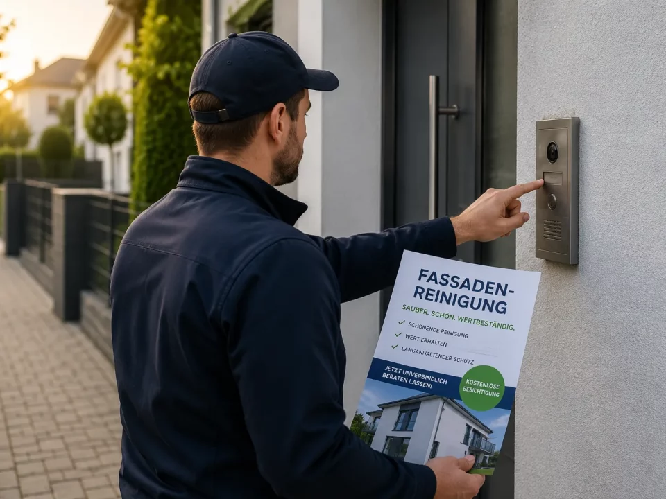 Mann mit Werbeflyer für Fassadenreinigung klingelt an einer Haustür