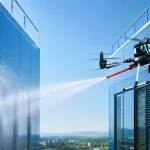 Fassadenreinigung mit Drohne in großer Höhe