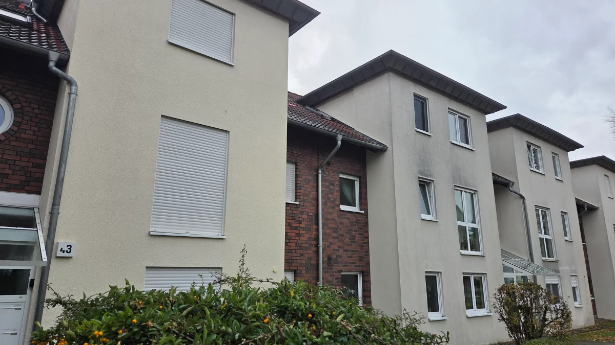 Gereinigte Hausfassade im Vergleich zu benachbarten Gebäuden mit sichtbaren Verschmutzungen