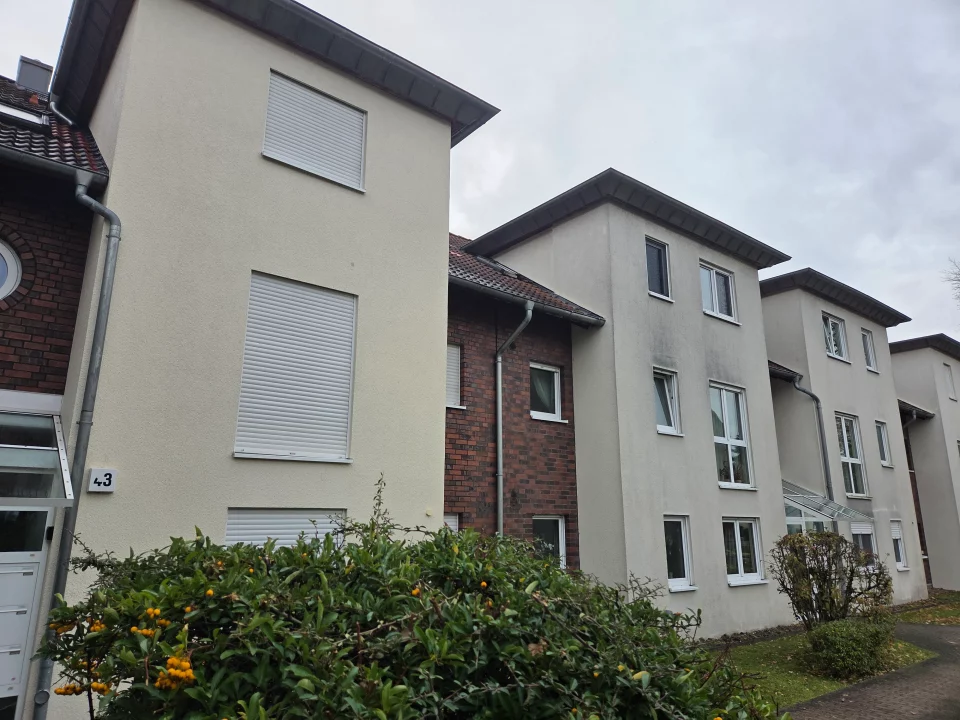 Gereinigte Hausfassade im Vergleich zu benachbarten Gebäuden mit sichtbaren Verschmutzungen