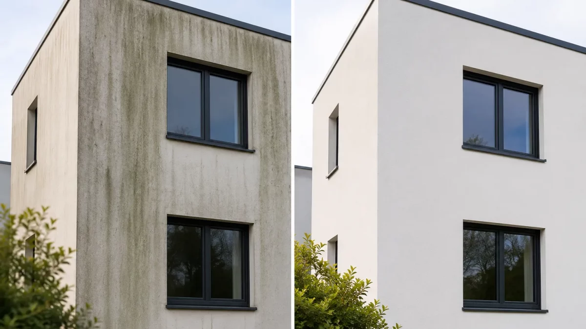 Vorher-Nachher-Vergleich einer Hausfassade vor und nach professioneller Fassadenreinigung