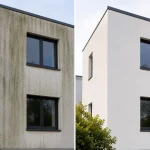 Vorher-Nachher-Vergleich einer Hausfassade vor und nach professioneller Fassadenreinigung