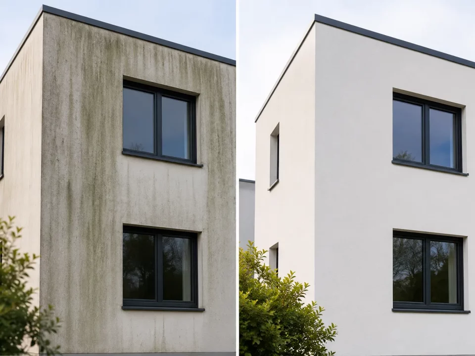 Vorher-Nachher-Vergleich einer Hausfassade vor und nach professioneller Fassadenreinigung